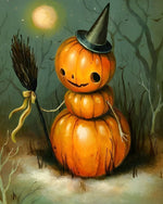 Pumpkin snowman with witch hat and broom cross stitch kit for beginners
