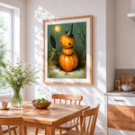 Pumpkin snowman with witch hat and broom cross stitch artwork displayed on wall as home decor