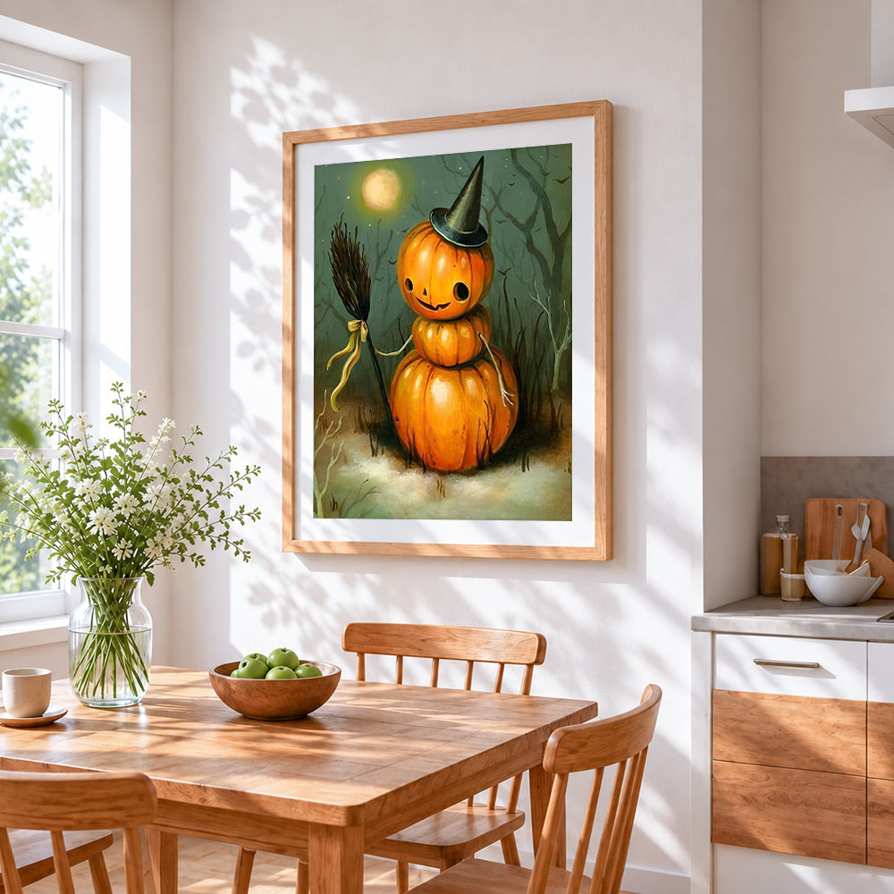 Pumpkin snowman with witch hat and broom cross stitch artwork displayed on wall as home decor