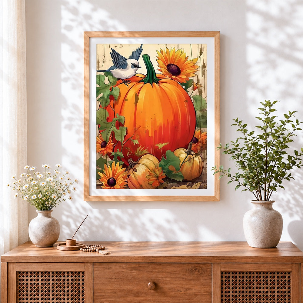 Finished pumpkin, sunflowers and bird cross stitch artwork displayed