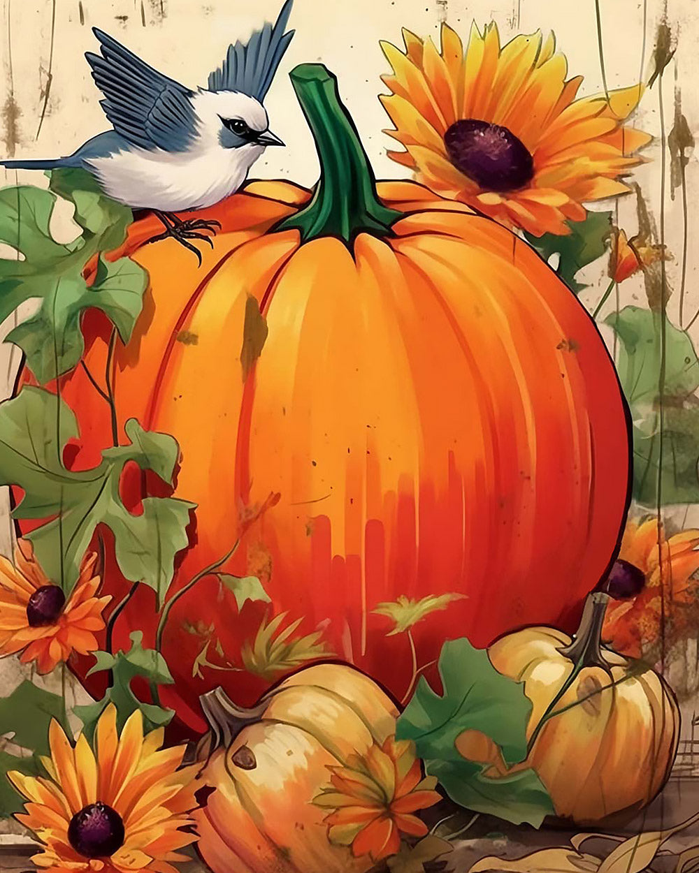 Pumpkin, sunflowers and bird cross stitch kit for beginners