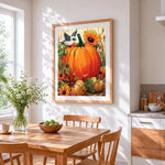 Pumpkin, sunflowers and bird cross stitch artwork displayed on wall as home decor