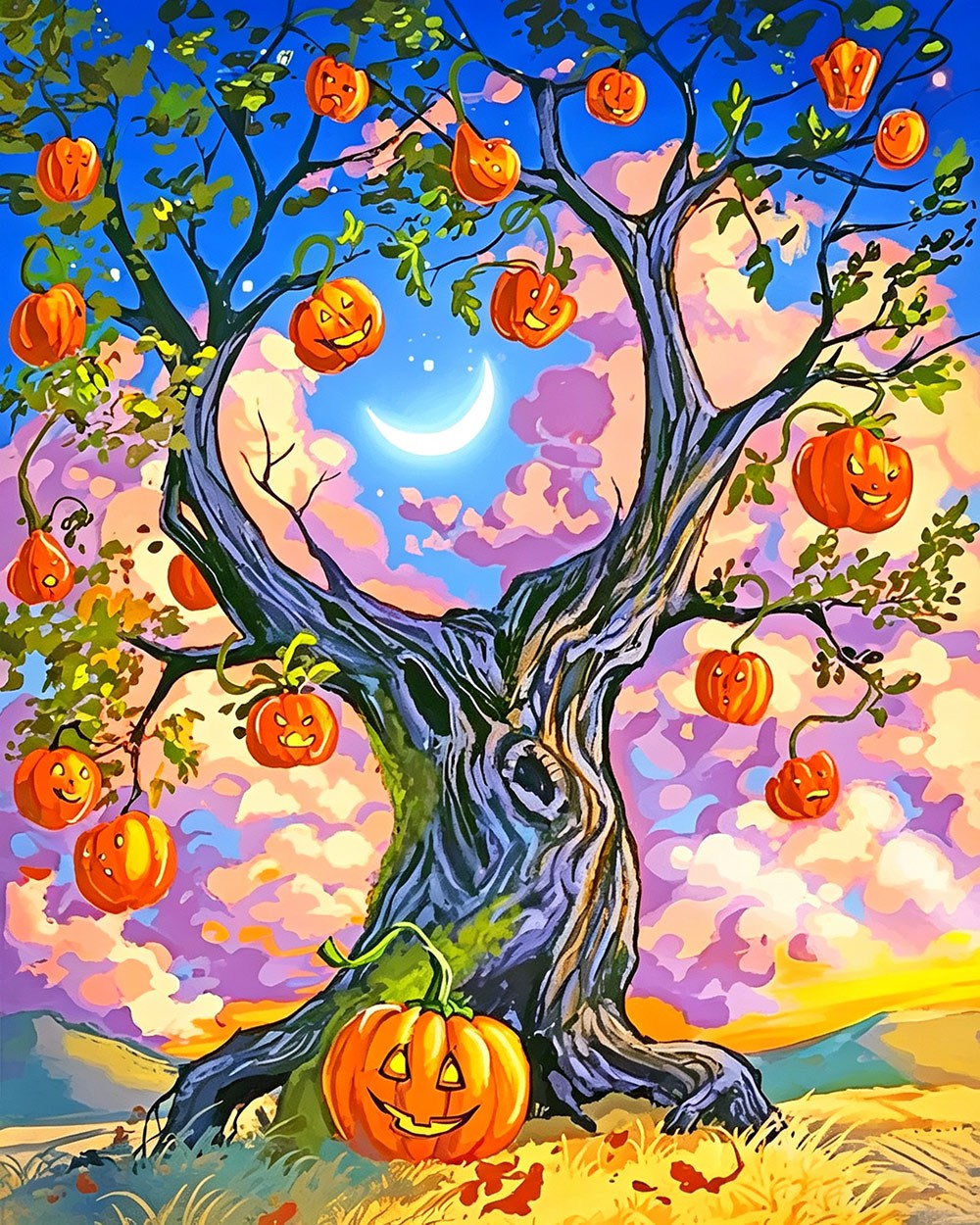 Pumpkin tree under a crescent moon cross stitch kit for beginners