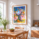 Pumpkin tree under a crescent moon cross stitch artwork displayed on wall as home decor