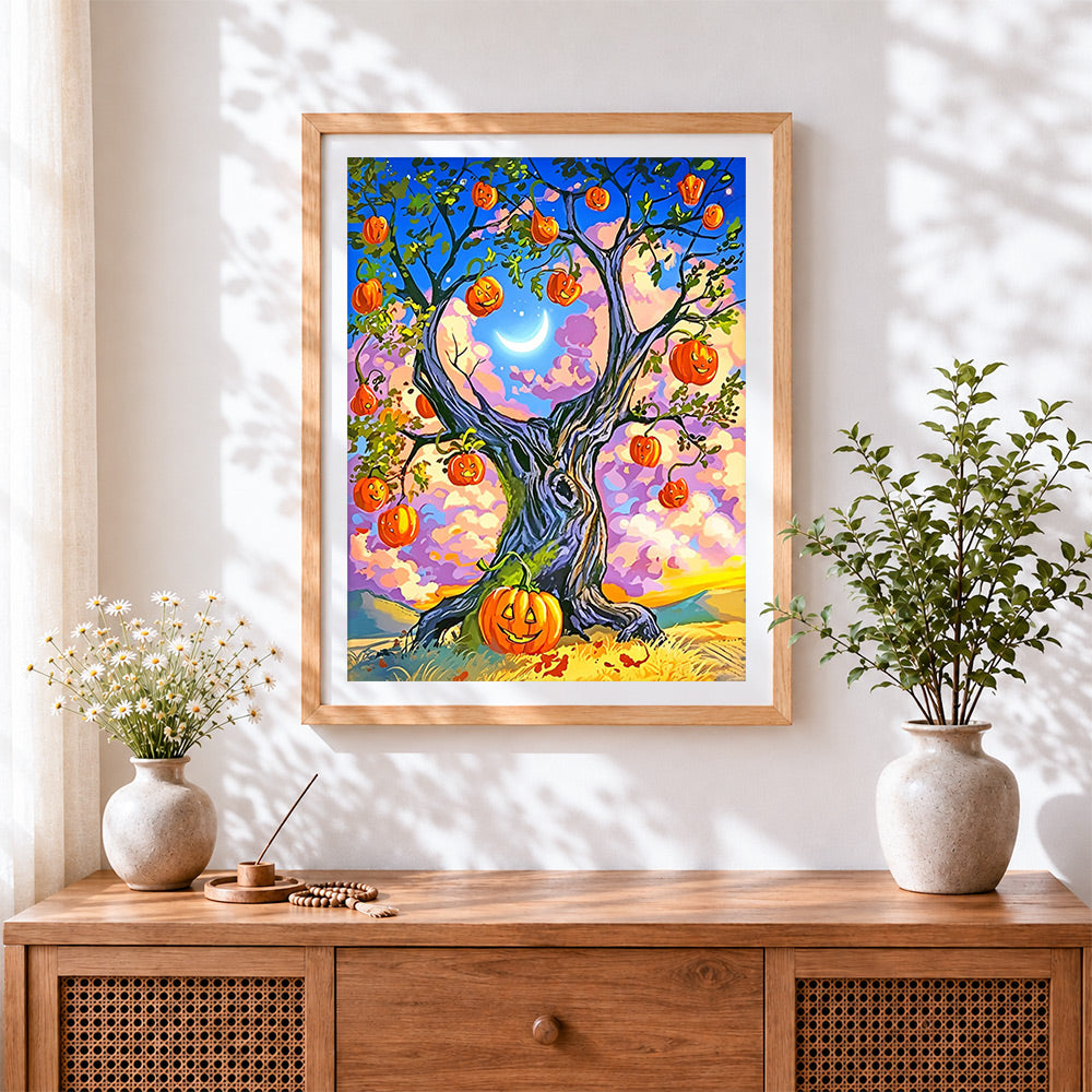 Finished pumpkin tree under a crescent moon paint by numbers artwork displayed as home decor