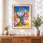 Finished pumpkin tree under a crescent moon paint by numbers artwork displayed as home decor
