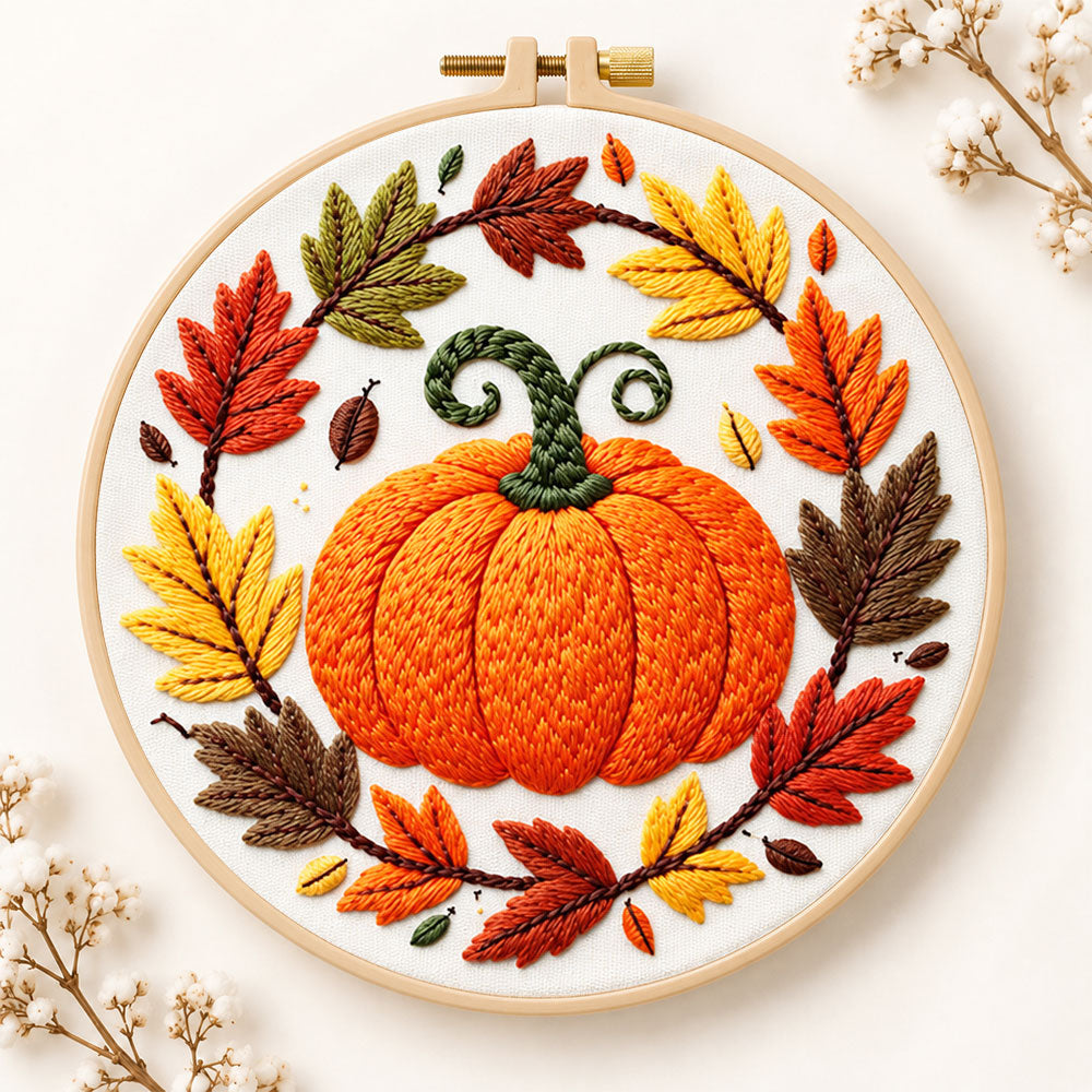 Pumpkin wreath with fall foliage embroidery kit