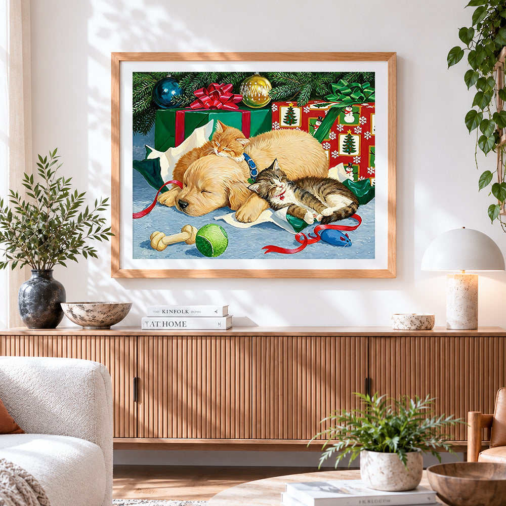 Finished puppies and kittens sleeping by gifts cross stitch artwork displayed