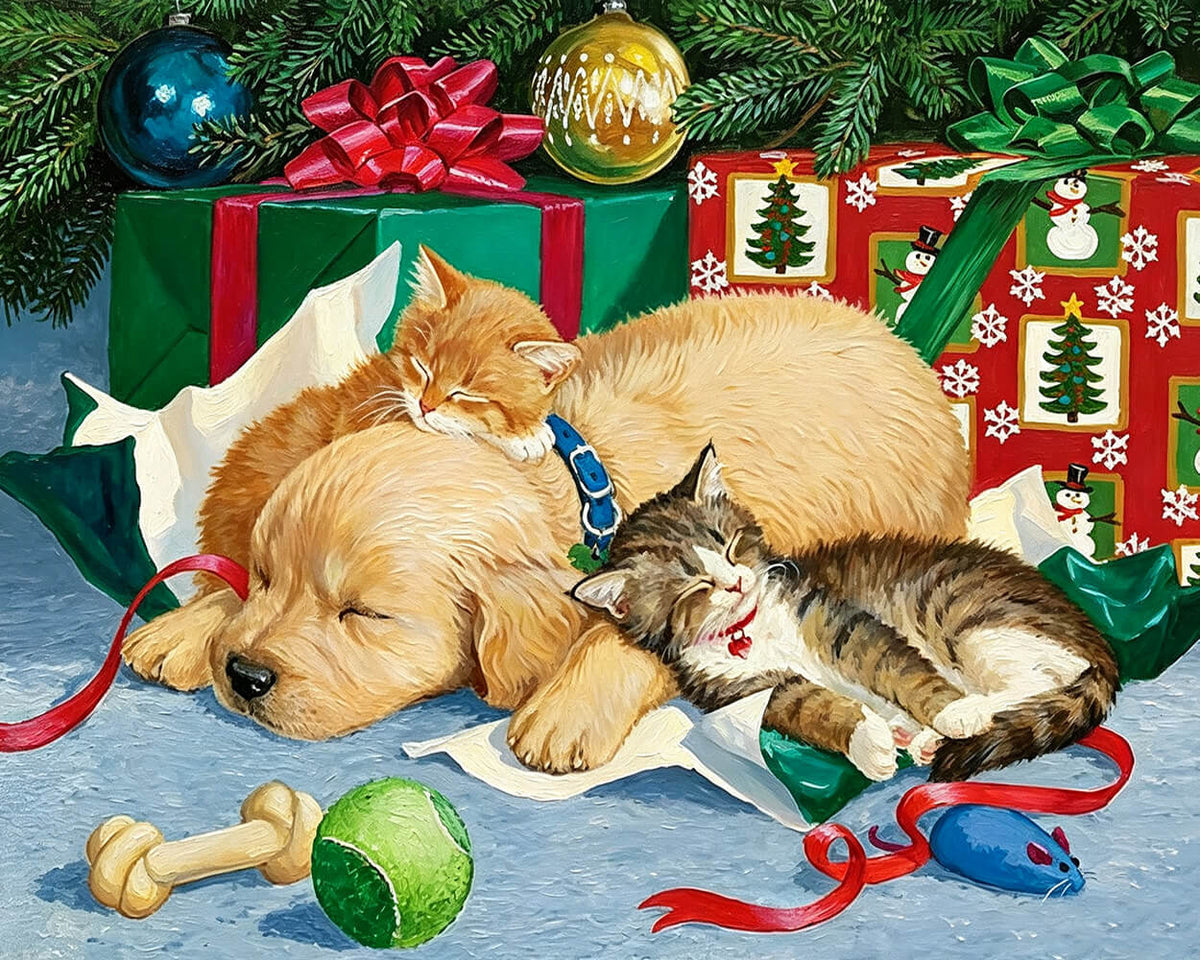 Puppies and kittens sleeping by gifts cross stitch kit for beginners