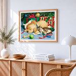 Puppies and kittens sleeping by gifts cross stitch artwork displayed on wall as home decor