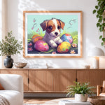 Finished puppy and easter eggs cross stitch artwork displayed