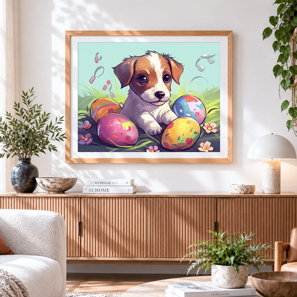 Finished puppy and easter eggs cross stitch artwork displayed