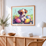 Puppy and easter eggs paint by numbers artwork displayed on wall as home decor