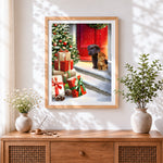 Finished puppy and kitten by a red door with christmas gifts cross stitch artwork displayed