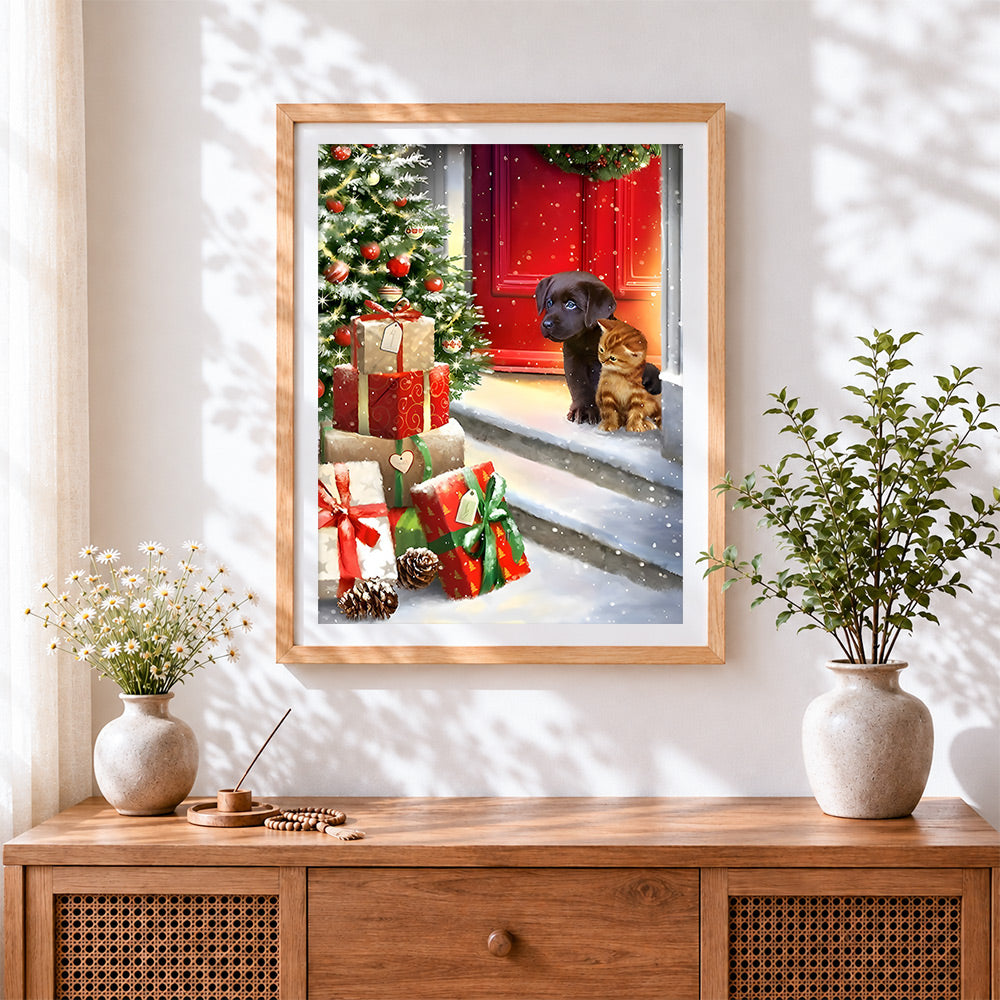 Finished puppy and kitten by a red door with christmas gifts cross stitch artwork displayed
