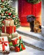 Puppy and kitten by a red door with christmas gifts cross stitch kit for beginners