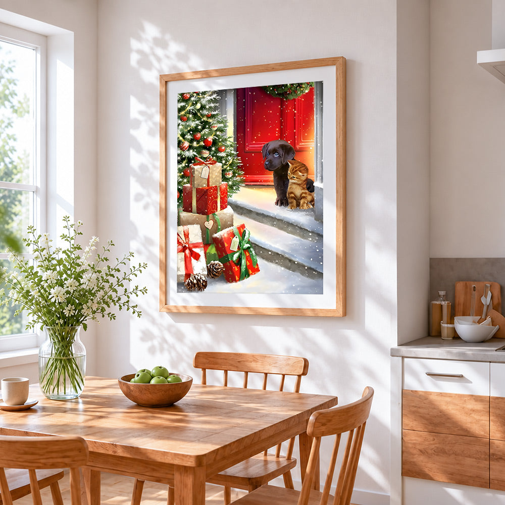 Puppy and kitten by a red door with christmas gifts cross stitch artwork displayed on wall as home decor