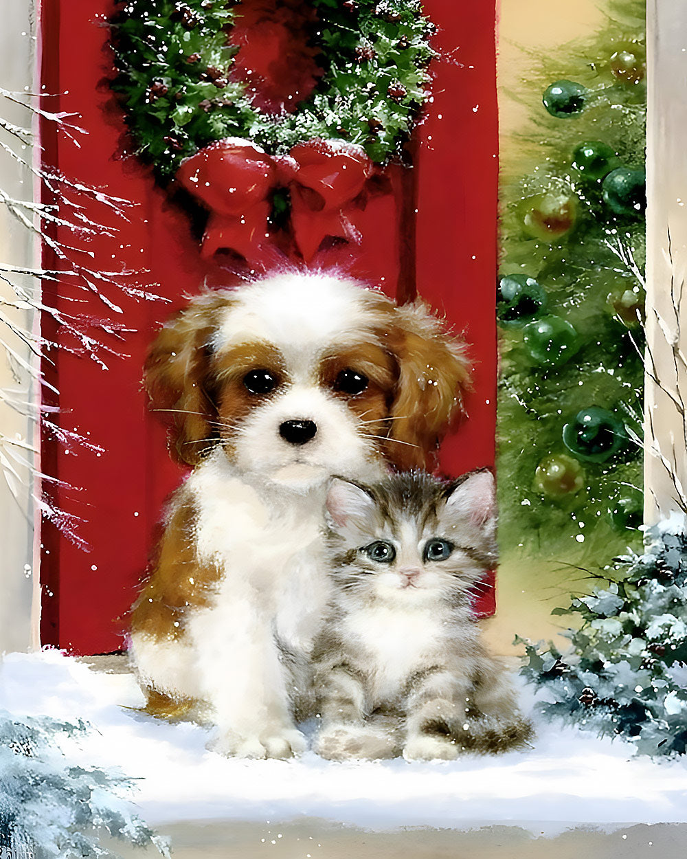 Puppy and kitten by a red door with christmas wreath cross stitch kit for beginners