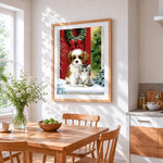 Puppy and kitten by a red door with christmas wreath cross stitch artwork displayed on wall as home decor