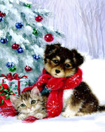 Puppy and kitten by a snowy christmas tree cross stitch kit for beginners
