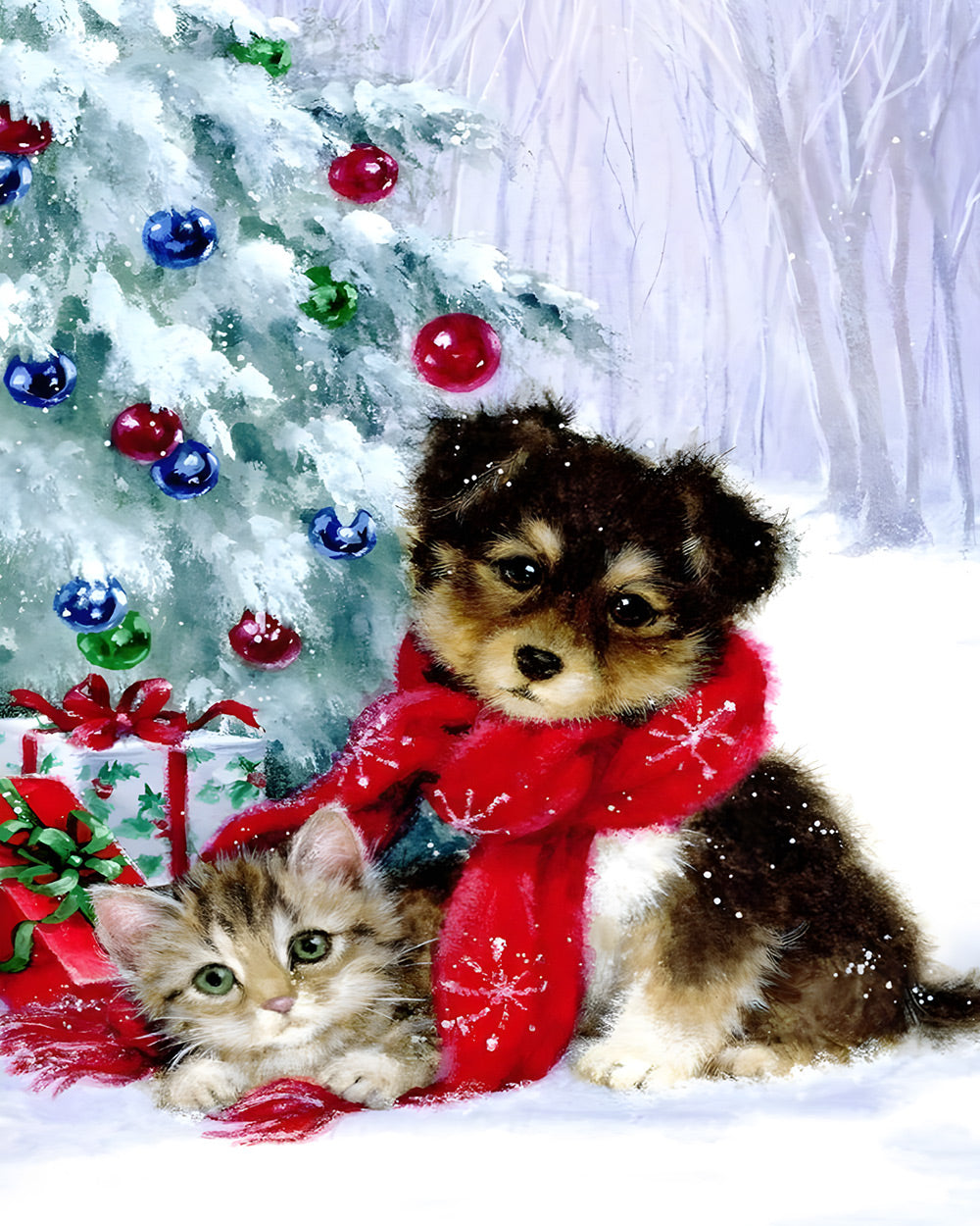 Puppy and kitten by a snowy christmas tree cross stitch kit for beginners