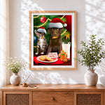 Finished puppy and kitten eating cookies cross stitch artwork displayed