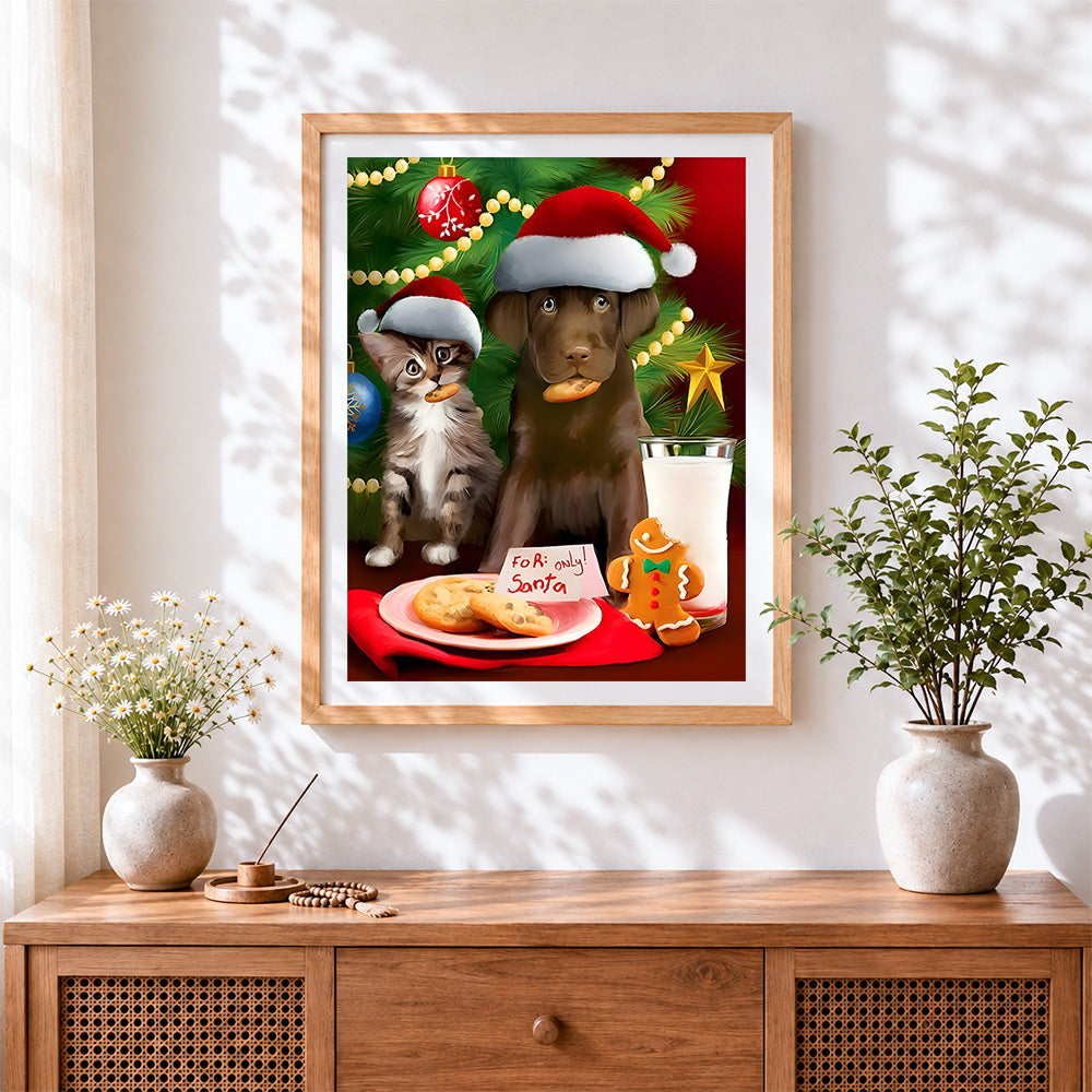 Finished puppy and kitten eating cookies cross stitch artwork displayed
