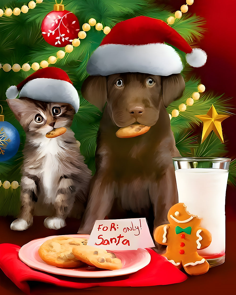 Puppy and kitten eating cookies cross stitch kit for beginners