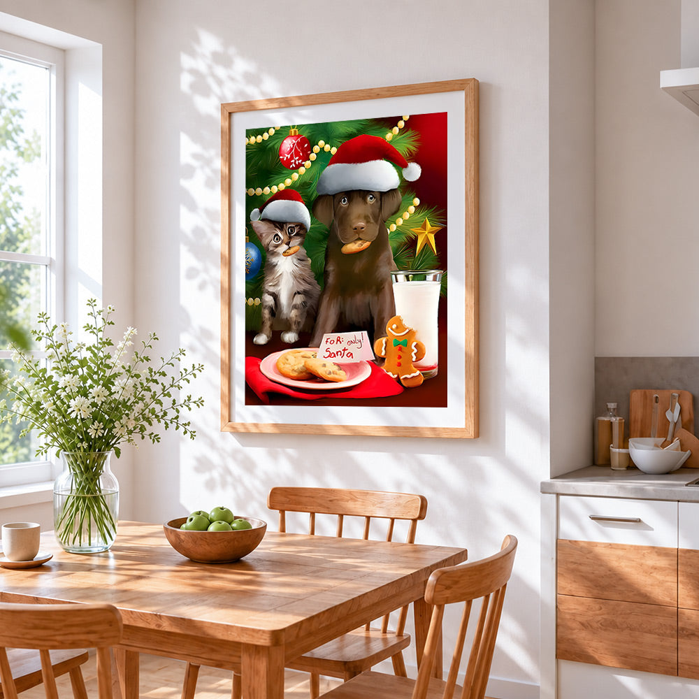 Puppy and kitten eating cookies cross stitch artwork displayed on wall as home decor