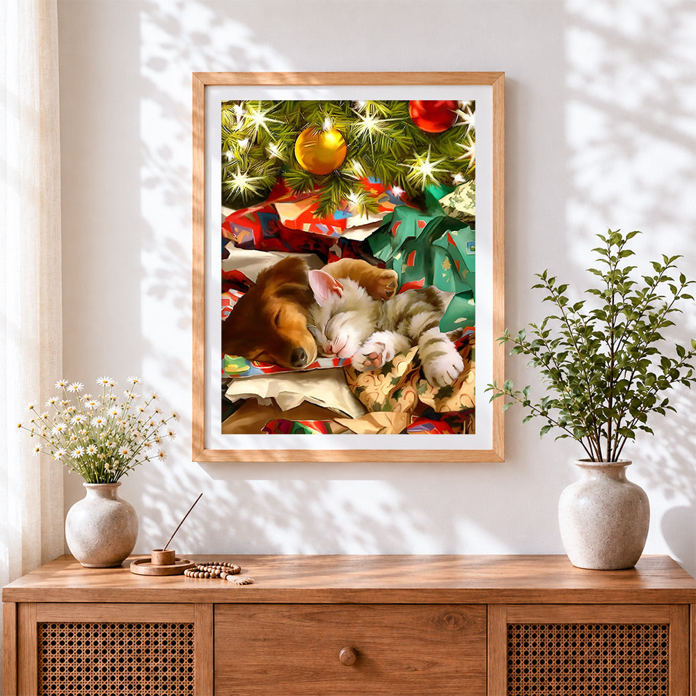 Finished puppy and kitten sleeping under the christmas tree cross stitch artwork displayed