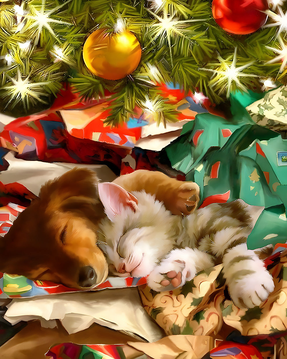Puppy and kitten sleeping under the christmas tree cross stitch kit for beginners