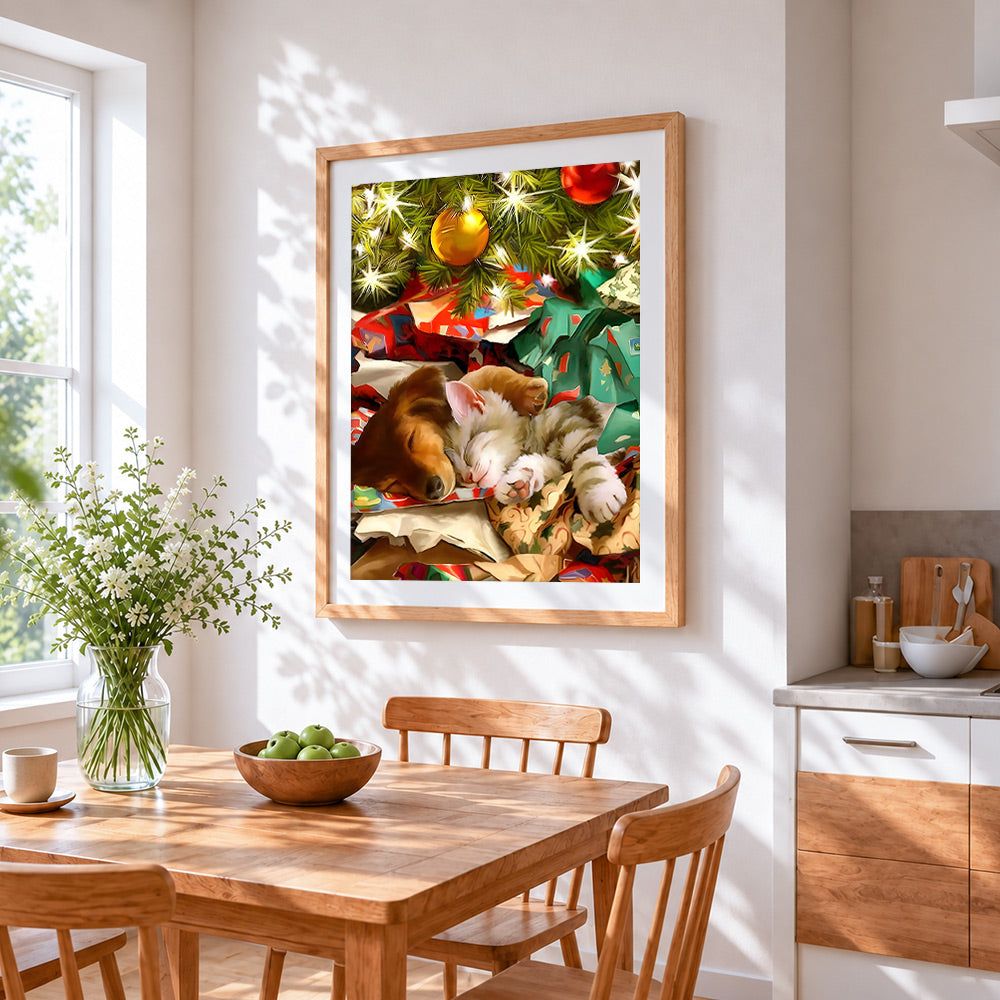 Puppy and kitten sleeping under the christmas tree cross stitch artwork displayed on wall as home decor