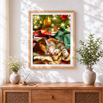 Finished puppy and kitten sleeping under the christmas tree paint by numbers artwork displayed as home decor