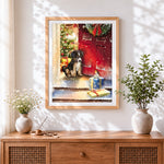 Finished puppy and robin on red doorstep cross stitch artwork displayed