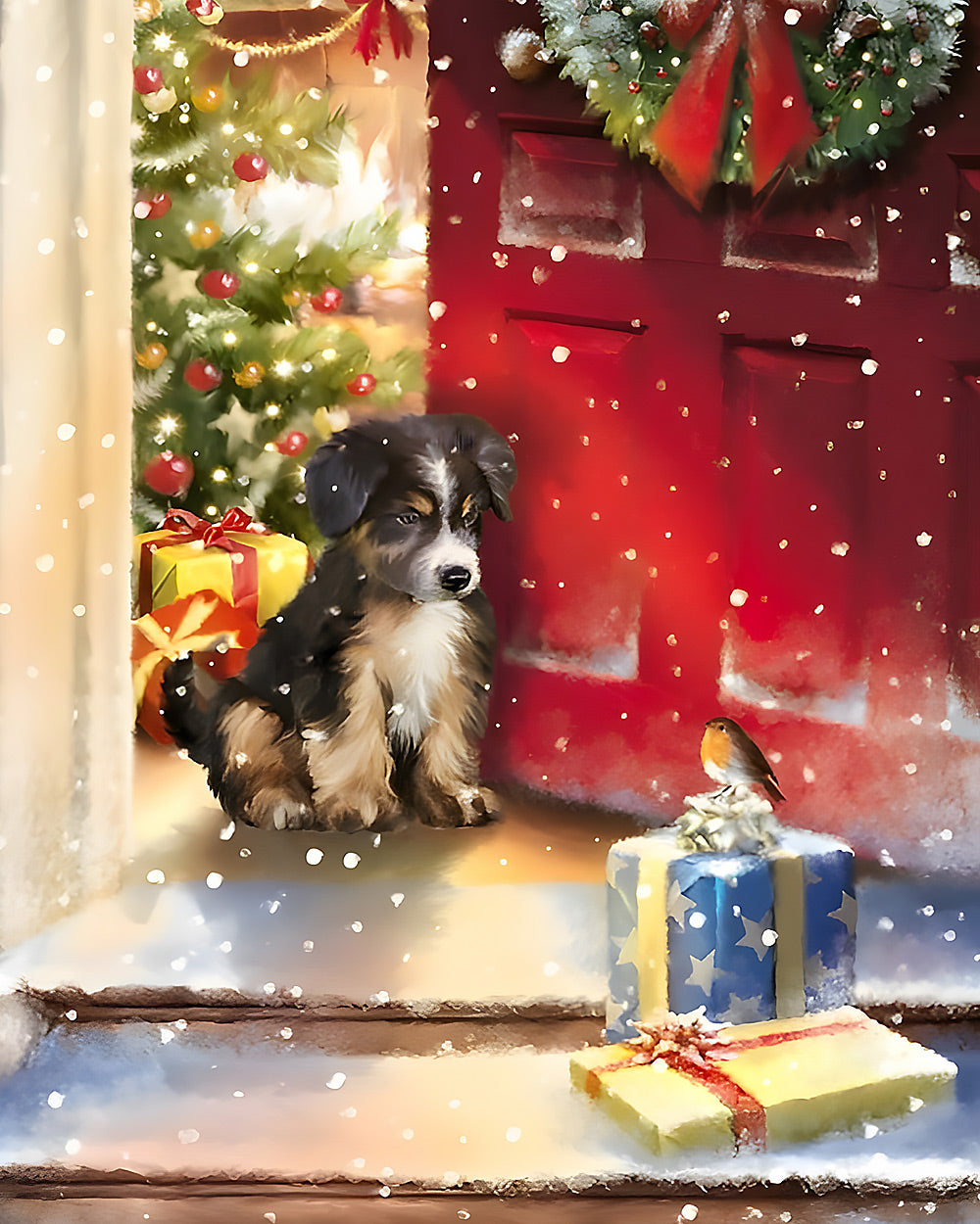 Puppy and robin on red doorstep cross stitch kit for beginners
