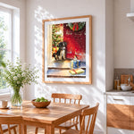 Puppy and robin on red doorstep cross stitch artwork displayed on wall as home decor
