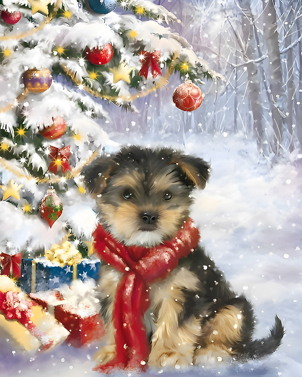 Puppy in red scarf by a snowy christmas tree cross stitch kit for beginners
