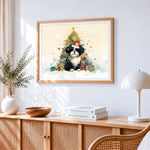 Puppy in santa hat and christmas tree cross stitch artwork displayed on wall as home decor