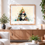 Finished puppy in santa hat and christmas tree paint by numbers artwork displayed as home decor