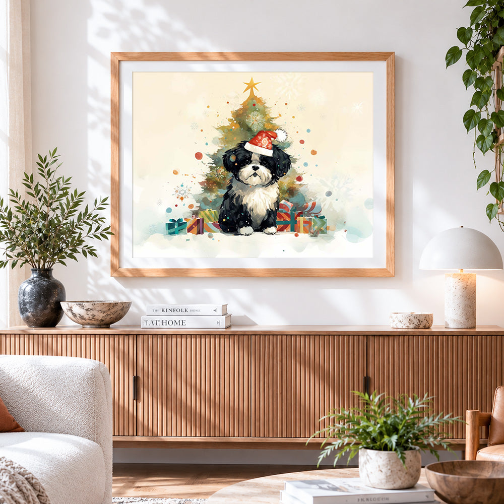 Finished puppy in santa hat and christmas tree paint by numbers artwork displayed as home decor