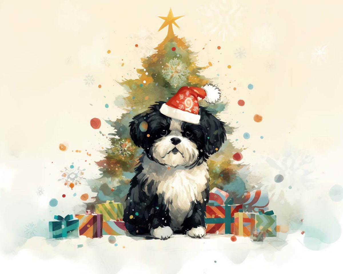 Puppy in santa hat and christmas tree paint by numbers kit for beginners