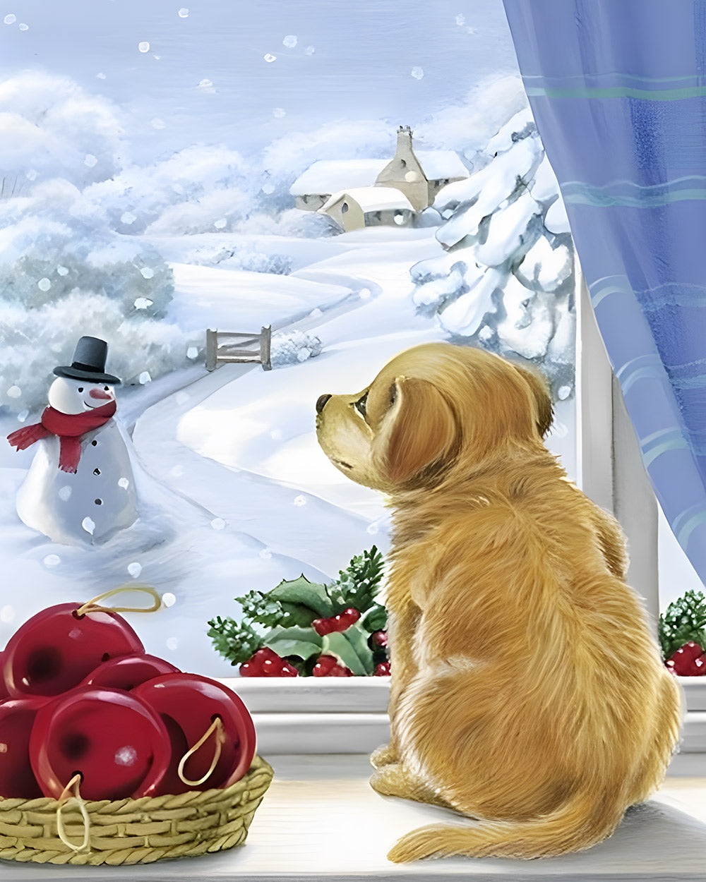 Puppy looking at a snowy window cross stitch kit for beginners