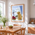 Puppy looking at a snowy window paint by numbers artwork displayed on wall as home decor