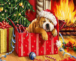 Puppy sleeping in a gift box cross stitch kit for beginners