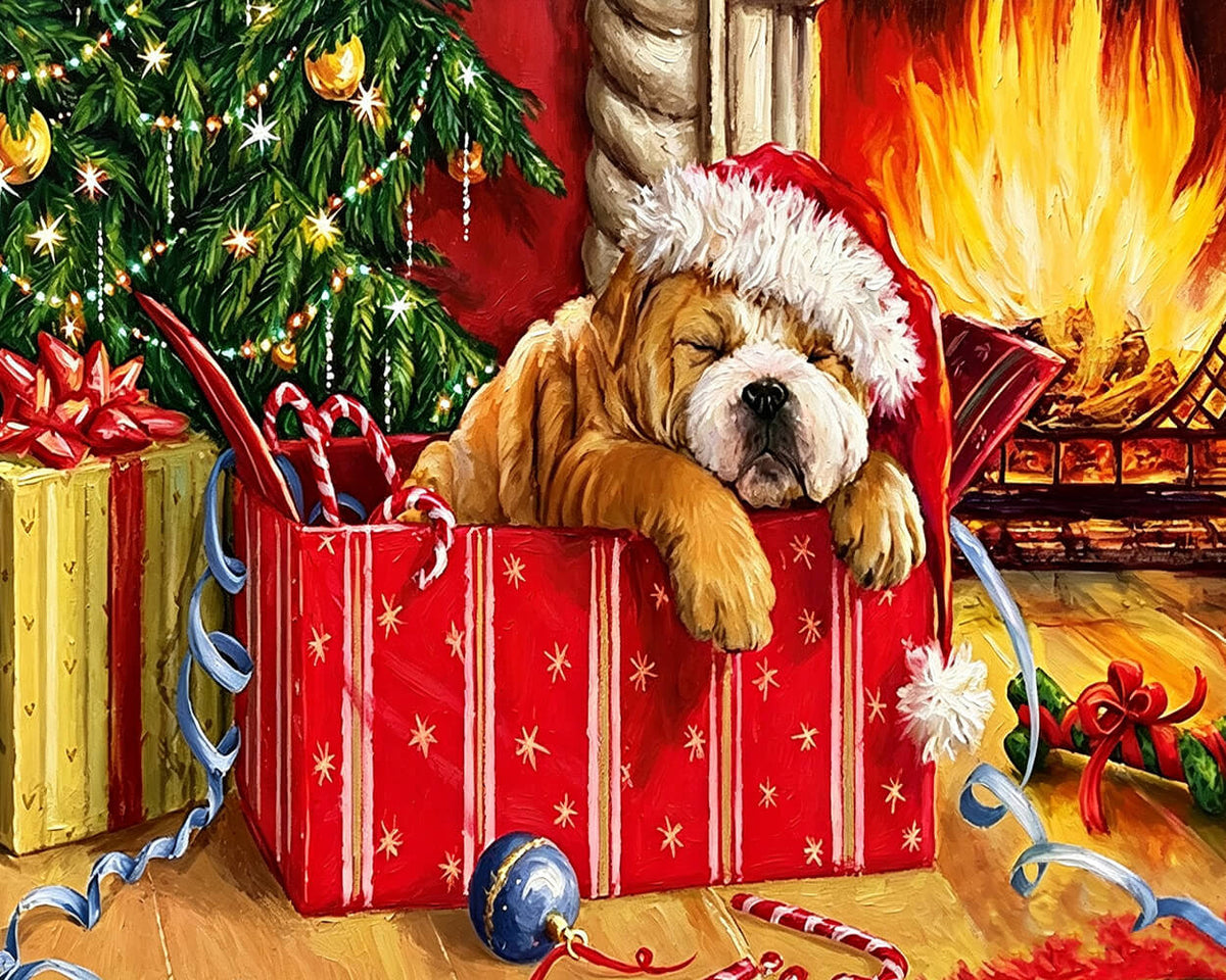 Puppy sleeping in a gift box cross stitch kit for beginners
