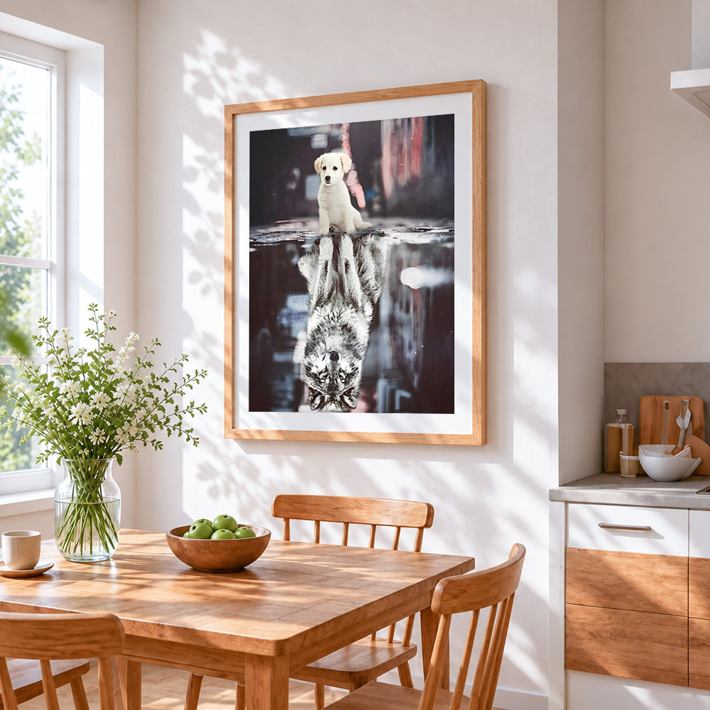 Puppy with wolf reflection cross stitch artwork displayed on wall as home decor