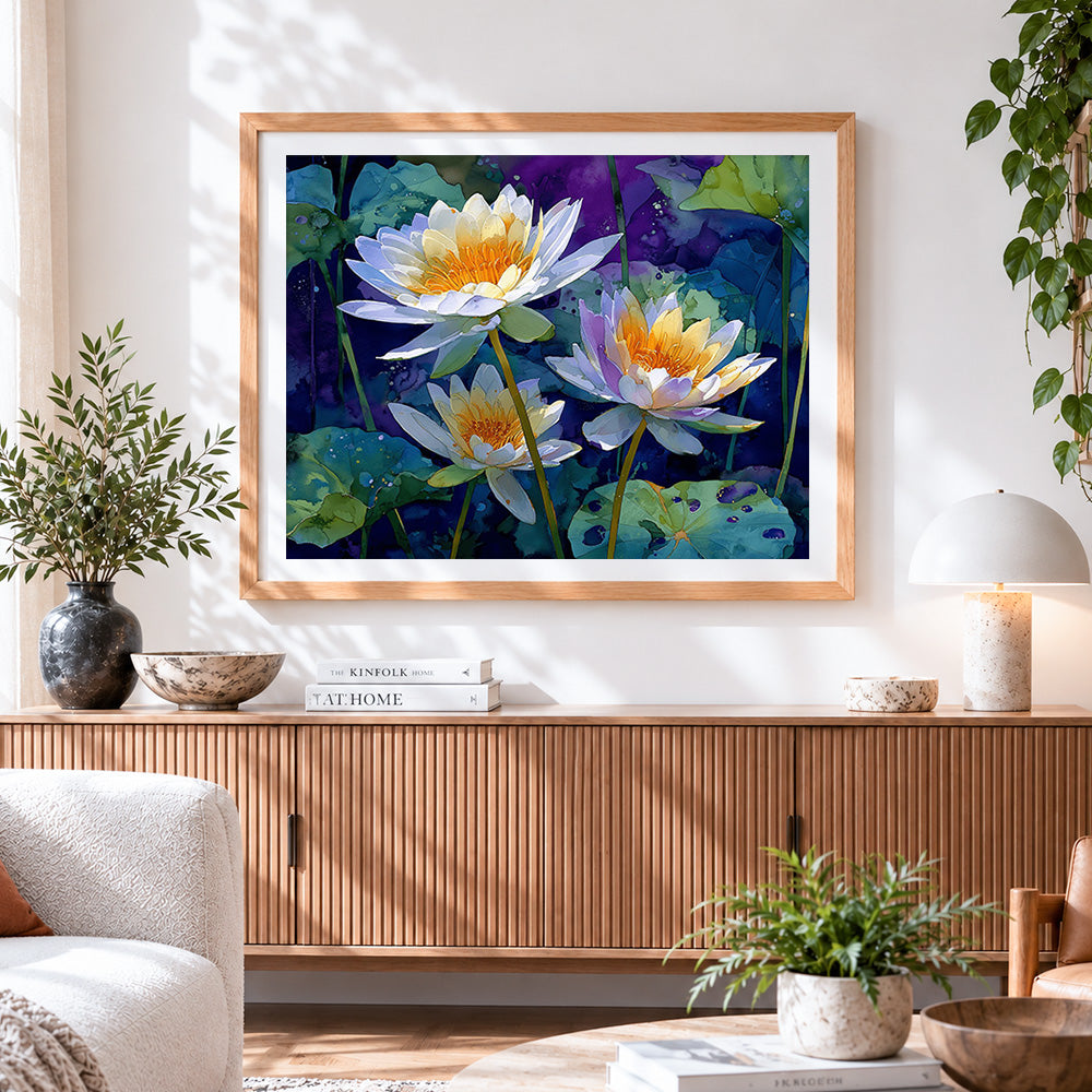 Finished pure water lilies at midnight cross stitch artwork displayed