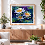 Finished pure water lilies at midnight cross stitch artwork displayed