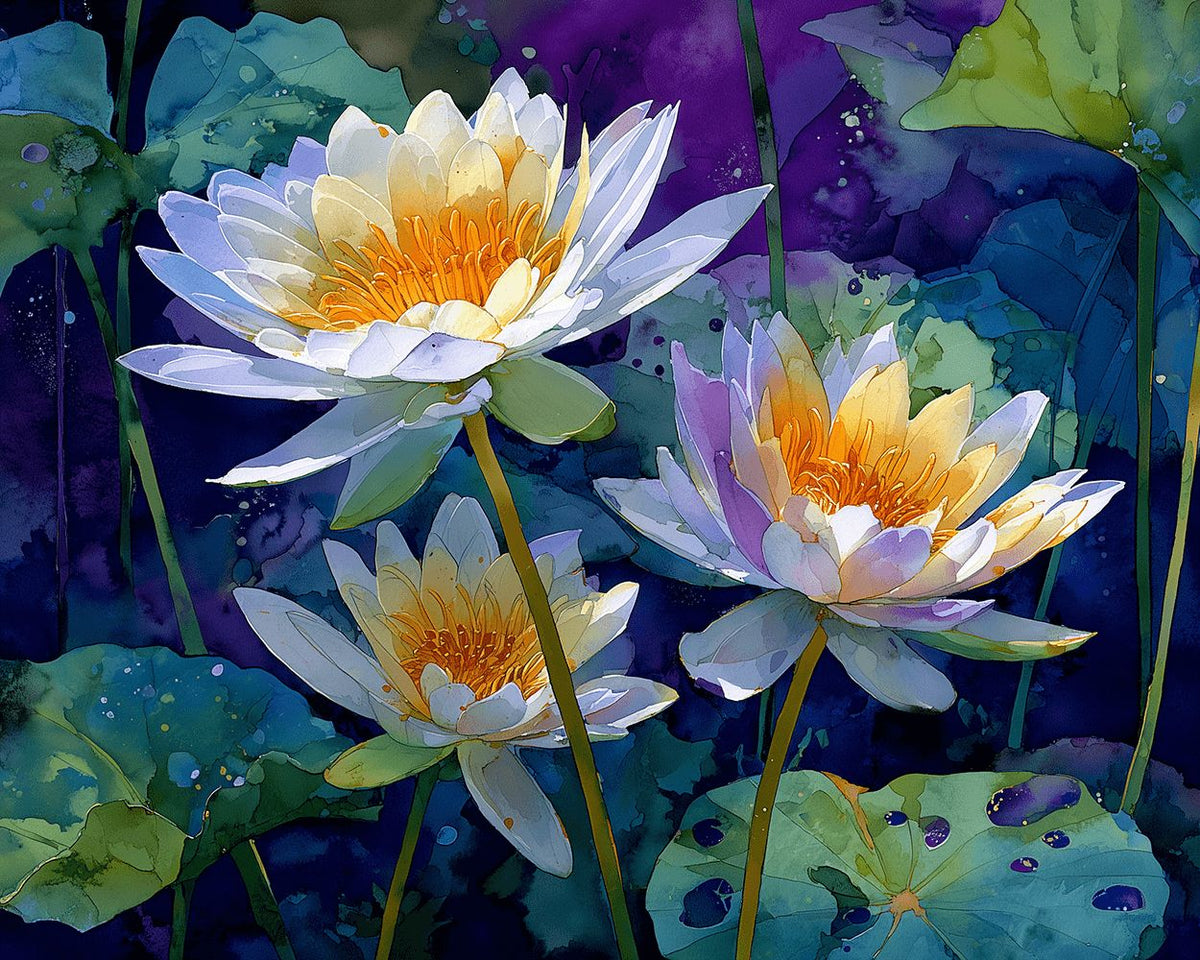 Pure water lilies at midnight cross stitch kit for beginners