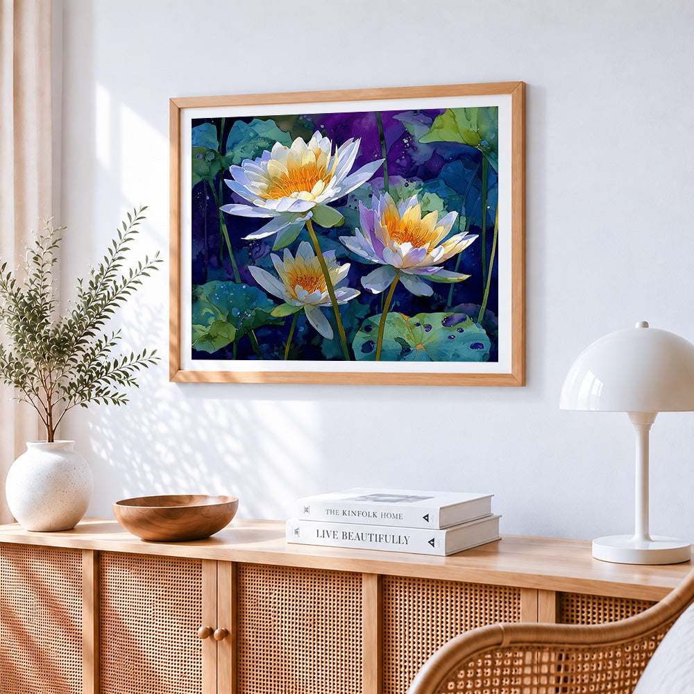 Pure water lilies at midnight cross stitch artwork displayed on wall as home decor